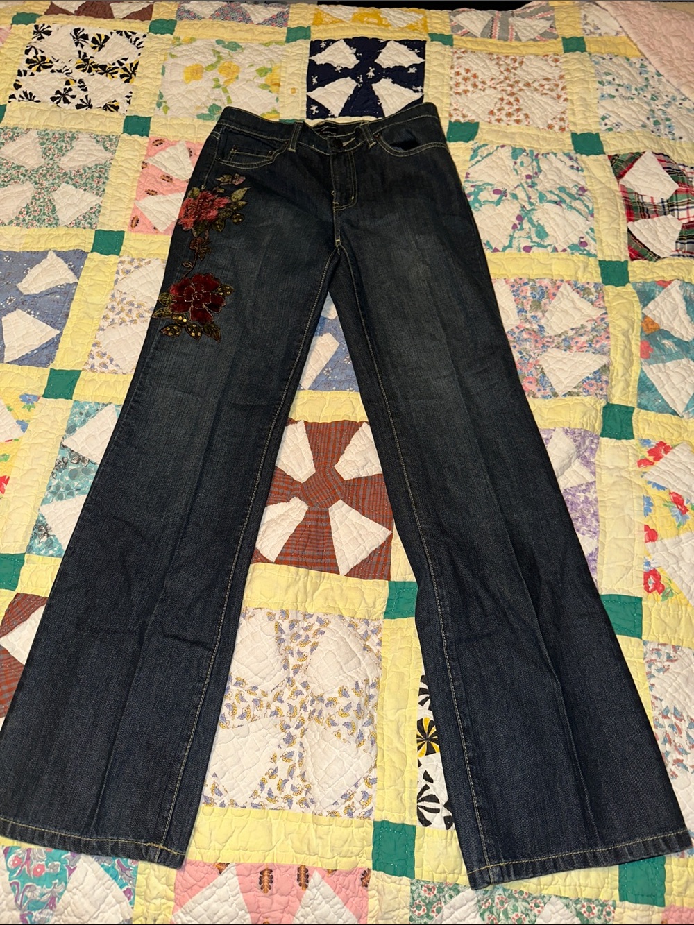 New York & Company Dark Blue Flare Jeans with Red Floral Embroidery